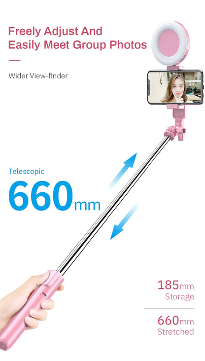 Wireless Bluetooth Compatible Selfie Stick LED Ring Light Extendable Handheld Tripod