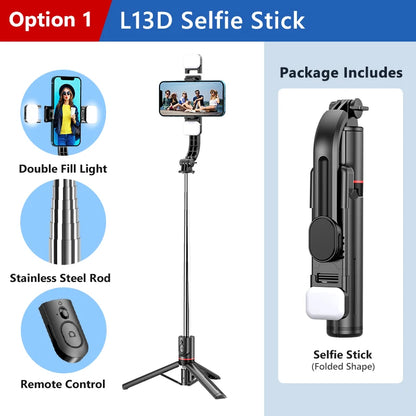 L13D Selfie Stick 1160mm with Wireless Bluetooth Double Fill Light Extended Tripod with Remote Shutter for Android IOS Cellphone