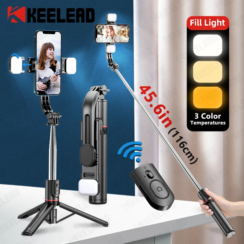 L13D Selfie Stick 1160mm with Wireless Bluetooth Double Fill Light Extended Tripod with Remote Shutter for Android IOS Cellphone