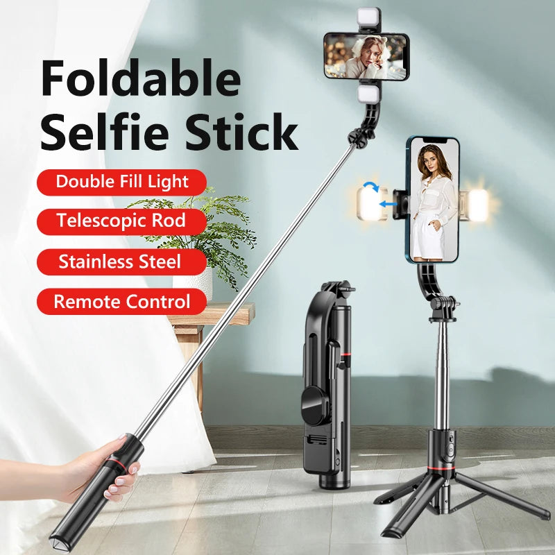 L13D Selfie Stick 1160mm with Wireless Bluetooth Double Fill Light Extended Tripod with Remote Shutter for Android IOS Cellphone